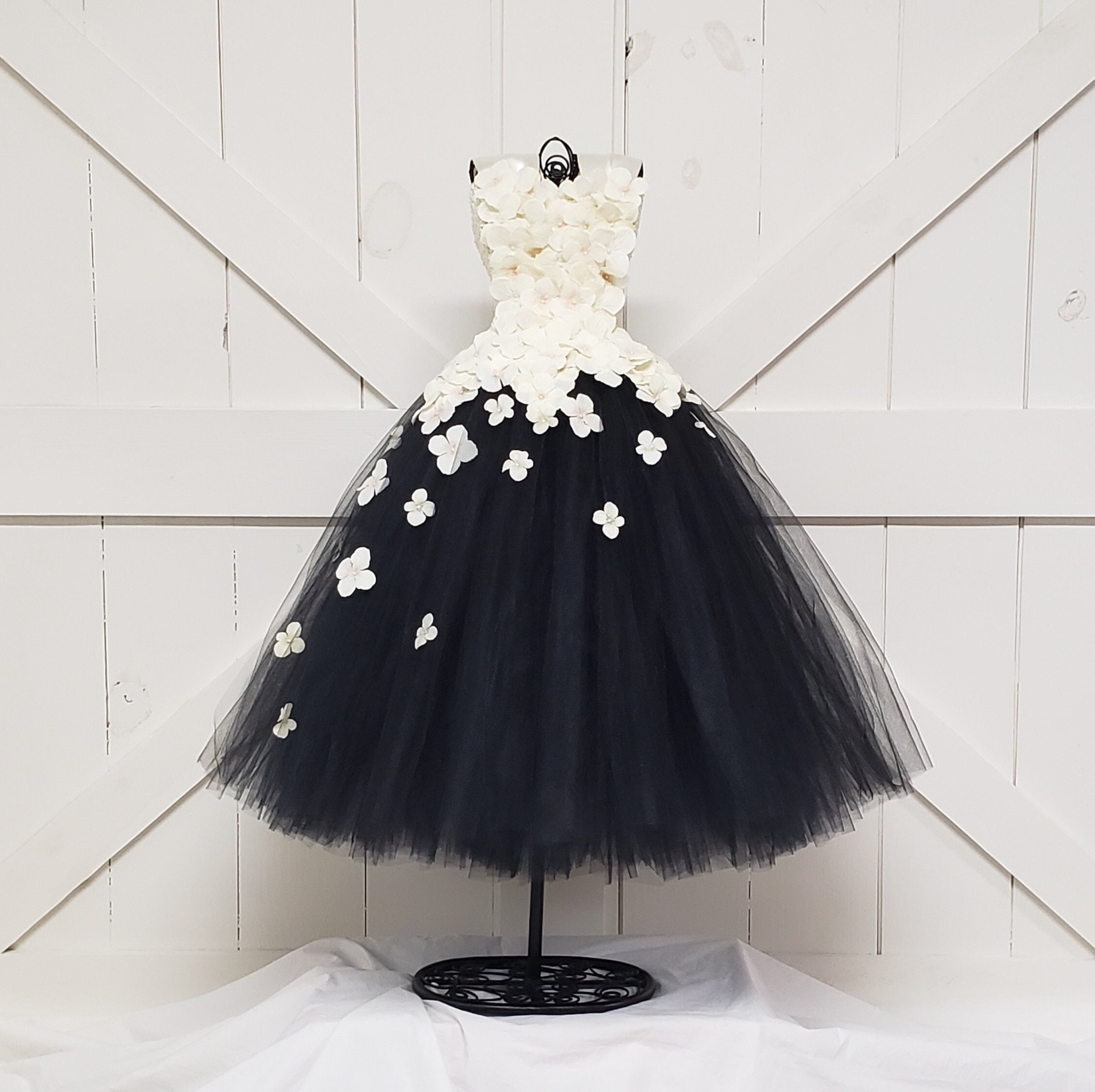 ivory and black flower girl dresses Princess Ivory Satin Tulle Black Lace Sleeveless Wedding Flower Girl Dress 9T --- Chest = 28 inches/ Waist = 27 inches/ Hollow to knee = 28.5 inches