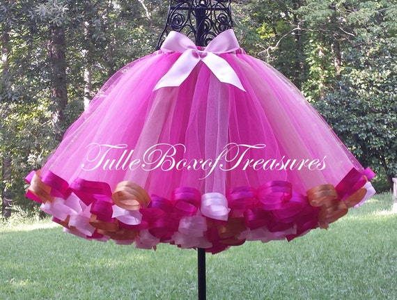Fuchsia, Gold, & Light Pink Satin Ribbon Trimmed Tutu Skirt