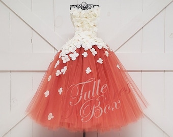 Ivory & Burnt Orange strapless flower girl dress/hydrangea tulle dress/bridesmaid dress/pageant/wedding/prom