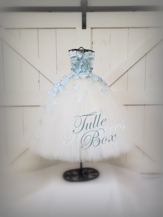 Ivory & Dusty Blue Tulle Flower Girl Dress: Strapless Hydrangea Petal Gown Ivory & Dusty Blue Tulle Flower Girl Dress: Strapless Hydrangea Petal Gown