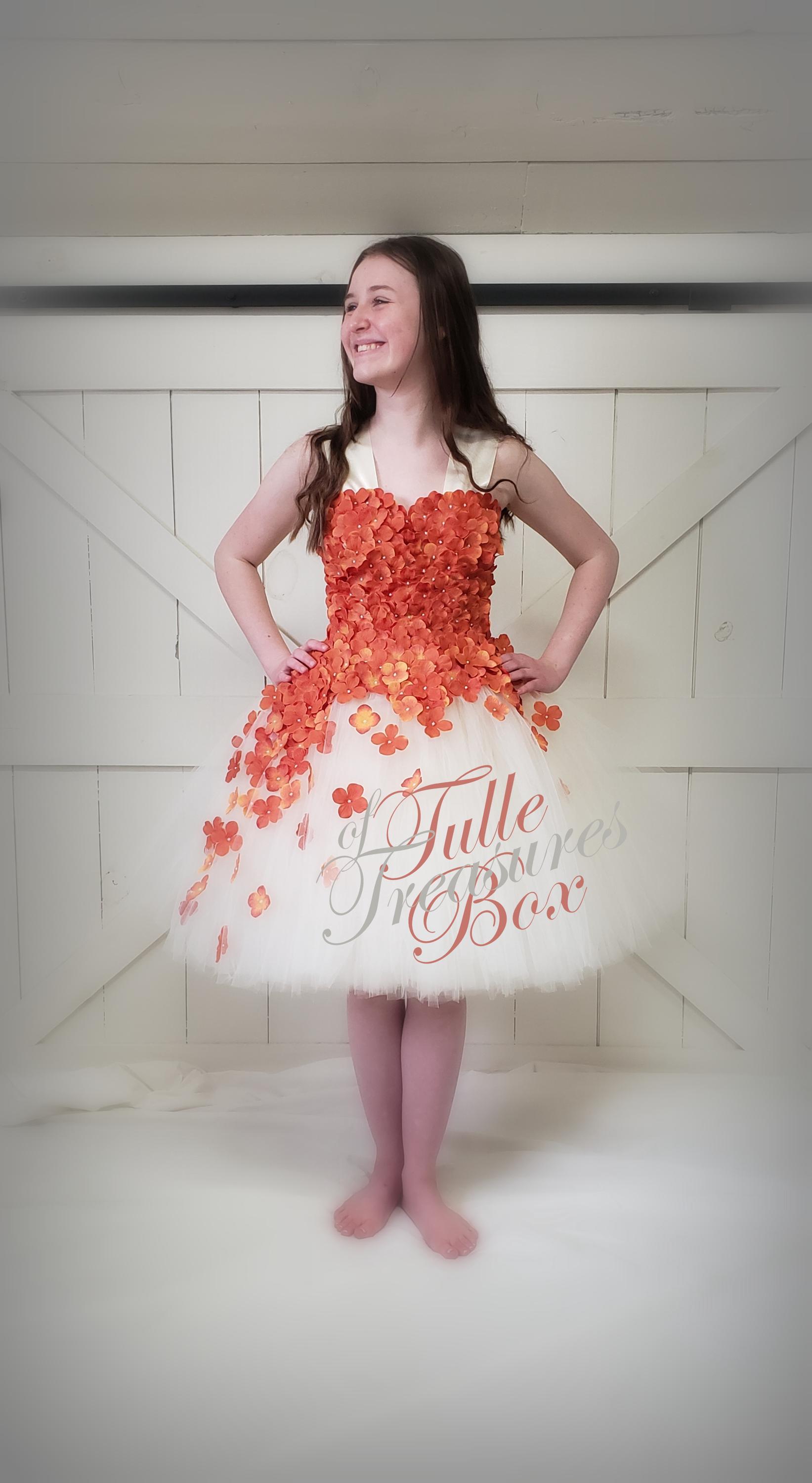 Ivory & Burnt Orange Flower Girl Dress: Strapless Hydrangea Petal Gown