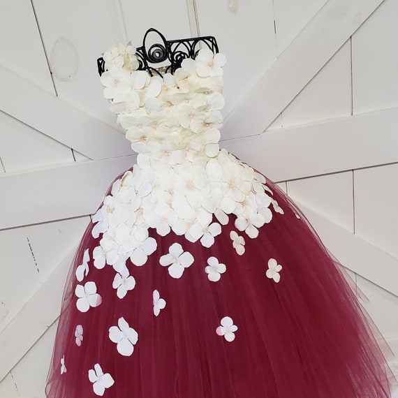 Ivory & Burgundy Flower Girl Dress: Petal Strap Tulle Dress