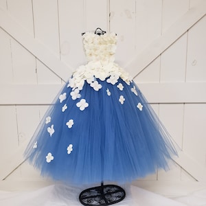 Ivory & Blue flower girl dress with Ribbon Straps/hydrangea tulle dress/bridesmaid dress/pageant/wedding/prom