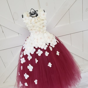 Ivory & Deep Burgundy flower girl dress with flower straps to match your wedding colors and bridal bouquet/pageant/hydrangea tulle/prom