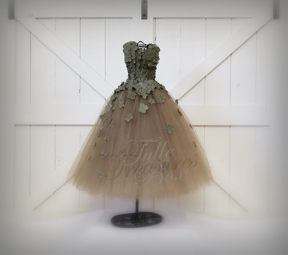 Olive Green hydrangea tulle dress with Flower Petal Straps/Flower Girl Dress/wedding/prom