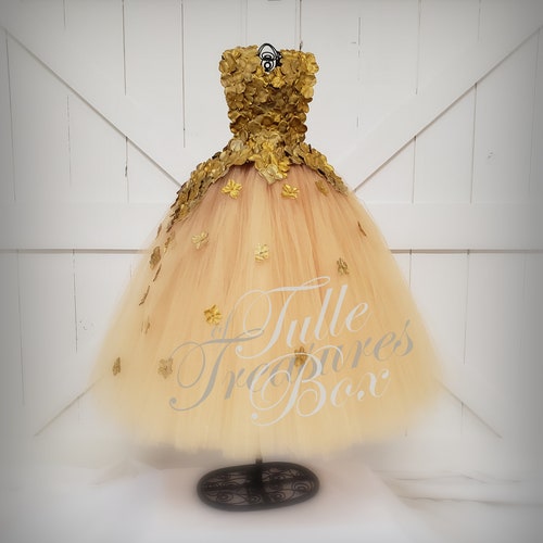 Gold Shimmer hydrangea tulle dress with Flower Petal Straps/Flower Girl Dress/wedding/prom shops