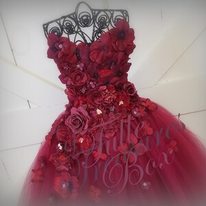 Elegant Deep Burgundy strapless flower petal dress to match your wedding colors and bridal bouquet//hydrangea tulle/bordeax
