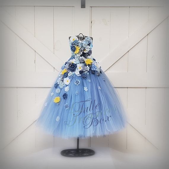 Elegant Denim & Yellow Daisy Flower Girl Dress: Strapless Tulle Petal Gown