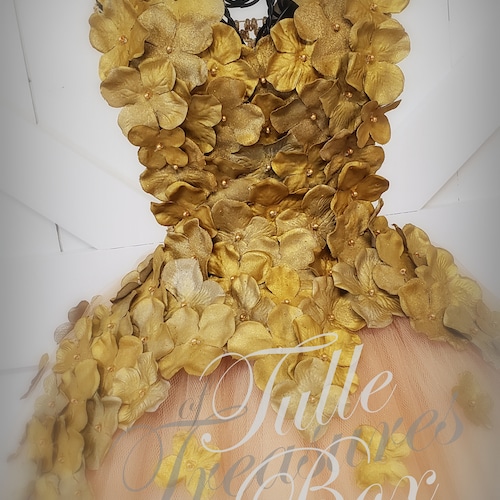 Gold Shimmer hydrangea tulle dress with Flower Petal Straps/Flower Girl Dress/wedding/prom shops