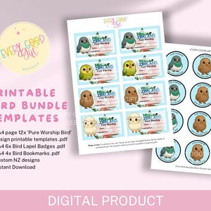 Op de afbeelding: Printbare vogelbundel sjablonen met vogelillustraties. Bevat sjablonen voor reversspelden en bladwijzers. De ontwerpen bevatten de tekst "New Zealand Pure Worship". Het woord "Digital Product" is ook zichtbaar.