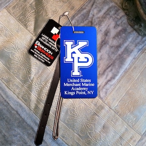 U.S. Merchant Marine Academy custom engraved luggage tags, laser engraved with the Academy logo and your personal information
