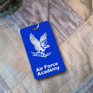 U.S. Air Force Academy custom engraved luggage tags, laser engraved featuring the Fighting Falcon and your personal information