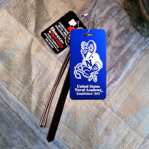 U.S. Naval Academy custom engraved luggage tags, laser engraved featuring "Bill The Goat" and your personal information