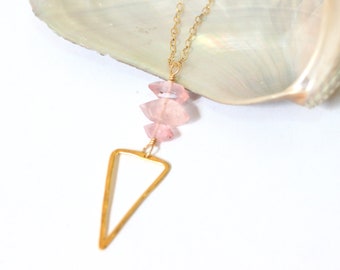 Rose Quartz Crystal Necklace, Gold Triangle Necklace, Romantic Mother's Day Gift for Wife, Raw Rose Quartz Geometric Necklace