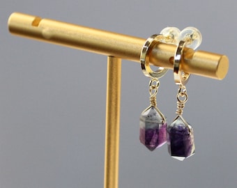 Fluorite Earrings, Small Crystal Earrings, Multi Fluorite, Gold Filled Huggie Hoops, Crystal Point Earrings, Dainty Gold Hoops