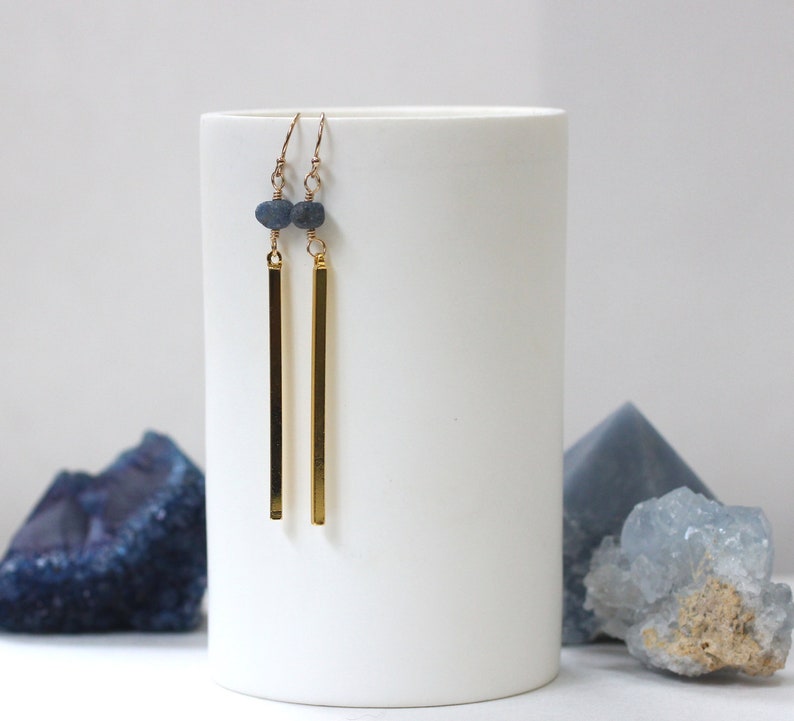 Raw Sapphire Earrings, Long Bar Earrings, Modern Brass Jewelry, Friend Birthday Gift, Raw Stone Earrings, September Birthstone Jewelry image 2