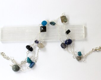 Semi Precious Stone Bracelet, Cool Colors, Multi Stone Bracelet, Three Strand Bracelet, Iolite, Labradorite, Lapis Lazuli, Sterling Silver