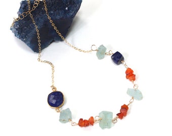 Raw Aquamarine Necklace, Multi Stone Jewelry, Raw Carnelian Necklace, Lapis Lazuli Necklace for Women, Handmade Raw Crystal Necklace