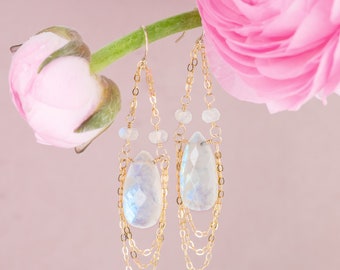 Rainbow Moonstone Earrings, Moonstone Teardrop Earrings, Artisan Gemstone Jewelry, Large Moonstone Earrings, Bridal Jewelry, Gold Chains