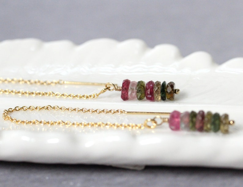 Watermelon Tourmaline Earrings, Ear Threads, Gemstone Threader Earrings, Gold Filled, Colorful Bead Earrings, October Birthstone Jewelry image 4