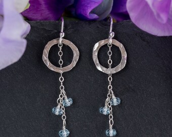 Blue Topaz Silver Earrings, Hammered Circle Silver Earrings, 40th Birthday Gifts for Women, Modern Lightweight Earrings
