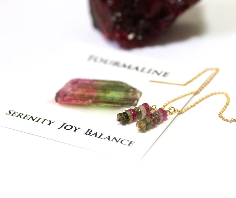 Watermelon Tourmaline Earrings, Ear Threads, Gemstone Threader Earrings, Gold Filled, Colorful Bead Earrings, October Birthstone Jewelry image 6