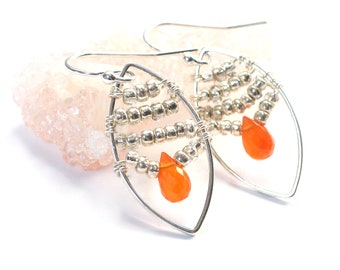 Sterling Silver Marquise Earrings, Carnelian Bead Earrings, Cheer Up Gift, Tiny Teardrops, Orange Gemstone Jewelry, Sacral Chakra