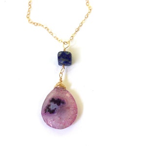 Solar Quartz Necklace, Pink Quartz Pendant, Unique Gifts for Sisters, Lapis Lazuli Sterling Silver Necklace, Teardrop Crystal Necklace Gold Filled