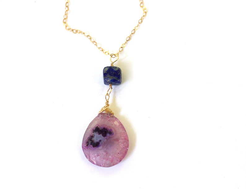 Solar Quartz Necklace, Pink Quartz Pendant, Unique Gifts for Sisters, Lapis Lazuli Sterling Silver Necklace, Teardrop Crystal Necklace Gold Filled