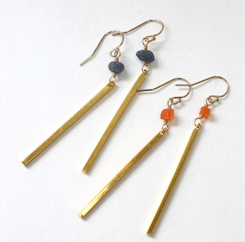 Raw Sapphire Earrings, Long Bar Earrings, Modern Brass Jewelry, Friend Birthday Gift, Raw Stone Earrings, September Birthstone Jewelry image 8