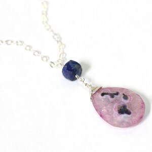Solar Quartz Necklace, Pink Quartz Pendant, Unique Gifts for Sisters, Lapis Lazuli Sterling Silver Necklace, Teardrop Crystal Necklace image 9