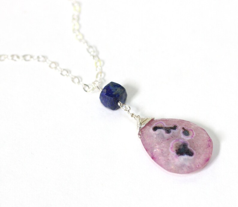 Solar Quartz Necklace, Pink Quartz Pendant, Unique Gifts for Sisters, Lapis Lazuli Sterling Silver Necklace, Teardrop Crystal Necklace image 9