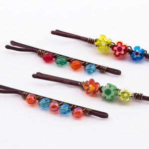 Beaded Bobby Pins with Bright Colors.  Small Gift Ideas for Friend, New Mom or Cheer Up.  Millefiori Flowers and Czech Glass Hair Jewelry.