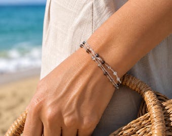 Smoky Quartz Bracelet, Dainty Gemstone Bracelet, Three Strands, Semi Precious Stone Jewelry, Ombre Smokey Quartz, Dainty Beaded Bracelet