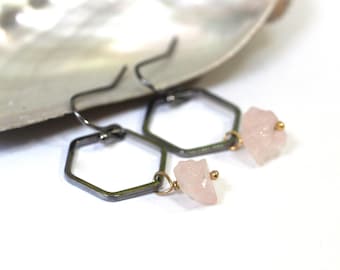 Rose Quartz Crystal Earrings, Gunmetal Earrings, Gift Ideas for Women, Mixed Metal Earrings, Raw Rose Quartz, Geometric Hexagon Jewelry