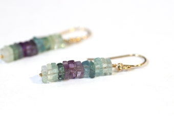 Fluorite Earrings, Rainbow Fluorite, Ombre Earrings, Crystal Healing Jewelry, Dainty Gemstone Jewelry, Semi Precious Stone Earrings