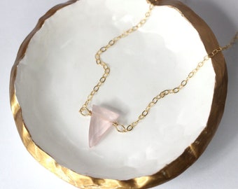 Rose Quartz Faceted Triangle Geometric Necklace on Gold Filled or Sterling Silver Chain.  Dainty Gemstone Necklace Layering or Minimal Style