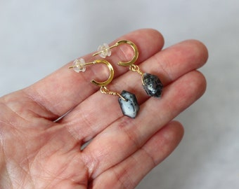 Crystal Point Earrings, Dendritic Agate Stone, Gold Filled Huggie Hoops, Small Crystal Earrings, Healing Stones, Cute Gifts for Friends