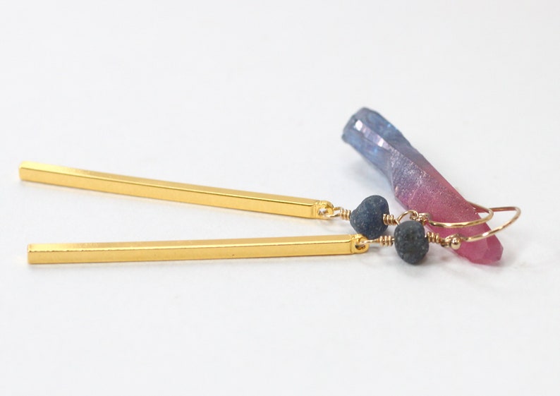 Raw Sapphire Earrings, Long Bar Earrings, Modern Brass Jewelry, Friend Birthday Gift, Raw Stone Earrings, September Birthstone Jewelry image 4