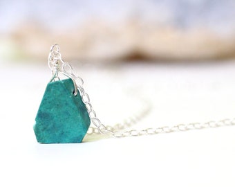 Chrysocolla Triangle Necklace on Sterling Silver or Gold Filled Chain.  Chrysocolla Minimal Everyday Pendant.  Teacher Gift Idea.