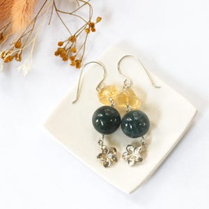 Moss Agate Earrings with Raw Citrine and Sterling Silver Flowers, Raw Crystal Earrings, Gifts for Nature Lovers and Gardeners