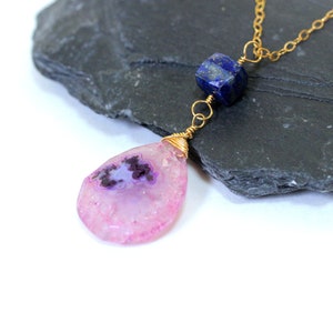 Solar Quartz Necklace, Pink Quartz Pendant, Unique Gifts for Sisters, Lapis Lazuli Sterling Silver Necklace, Teardrop Crystal Necklace image 7