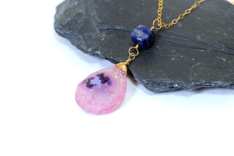 Solar Quartz Necklace, Pink Quartz Pendant, Unique Gifts for Sisters, Lapis Lazuli Sterling Silver Necklace, Teardrop Crystal Necklace image 7