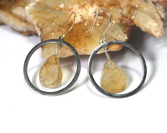 Raw Citrine Earrings, Silver Open Hoop Earrings, November Birthday Gift, Raw Stone Hoop Earrings, 30th Birthday Gift for Women