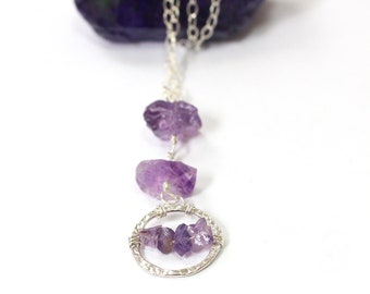 Raw Amethyst Crystal Necklace, Hammered Sterling Silver Wire Wrap Necklace, February Birthstone Jewelry