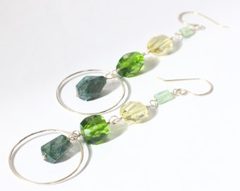 Shoulder Duster Earrings with Sterling Silver, Green Quartz and Carved Lemon Quartz.  Handcrafted Artisan Jewelry.  Anniversary Gift Idea.