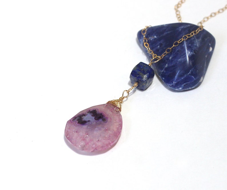Solar Quartz Necklace, Pink Quartz Pendant, Unique Gifts for Sisters, Lapis Lazuli Sterling Silver Necklace, Teardrop Crystal Necklace image 5