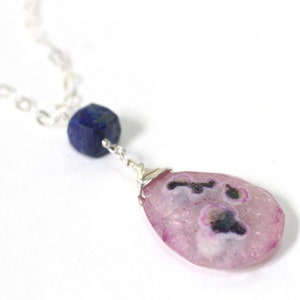 Solar Quartz Necklace, Pink Quartz Pendant, Unique Gifts for Sisters, Lapis Lazuli Sterling Silver Necklace, Teardrop Crystal Necklace image 2