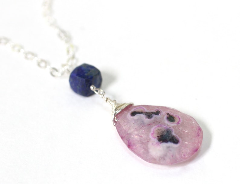 Solar Quartz Necklace, Pink Quartz Pendant, Unique Gifts for Sisters, Lapis Lazuli Sterling Silver Necklace, Teardrop Crystal Necklace image 2