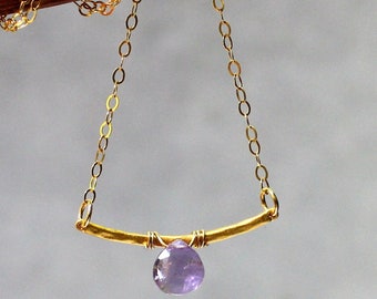 Natural Amethyst Necklace, Hammered Bar Necklace, Dainty Teardrop Pendant, Purple Stones, February Birthstone, Gold Curved Bar Necklace